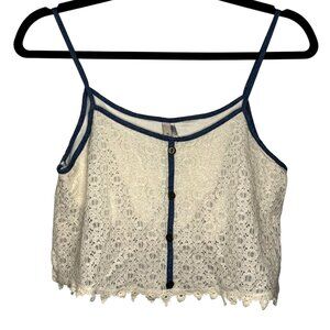 Paper Crane Lace Small Cropped Tank Top Button Front Denim Trim Boho Summer